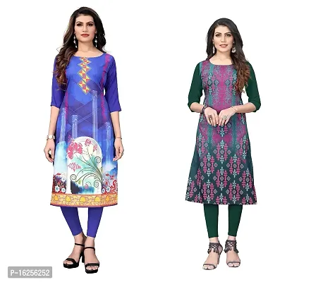 GROWMORE Women's Crepe Digital Print Straight Kurta(Pack of 2) (L, Blue  Olive Green)-thumb0