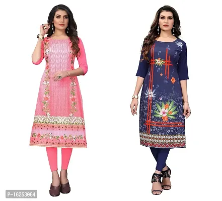 GROWMORE Women's Crepe Digital Print Straight Kurta(Pack of 2) (S, Peach  Dark Blue)-thumb0