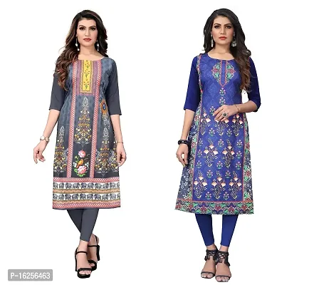 GROWMORE Women's Crepe Digital Print Straight Kurta(Pack of 2) (XL, Grey  Dodge Blue)-thumb0