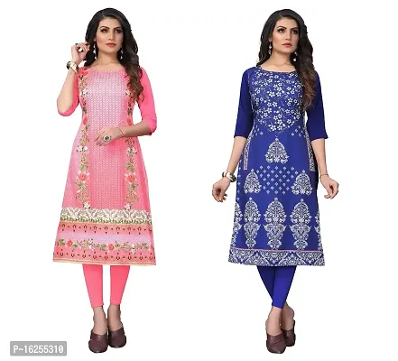 GROWMORE Women's Crepe Digital Print Straight Kurta(Pack of 2) (S, Peach  Blue VIOLOT)