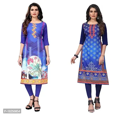 GROWMORE Women's Crepe Digital Print Straight Kurta(Pack of 2) (L, Blue  Navy Blue)-thumb0