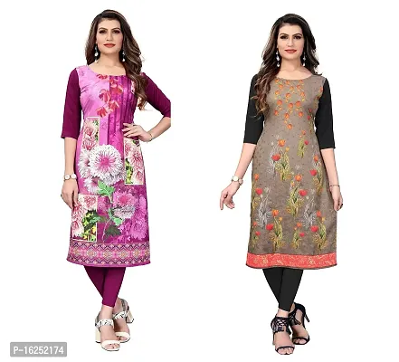 GROWMORE Women's Crepe Digital Print Straight Kurta(Pack of 2) (L, Purple  Saddle Brown)-thumb0