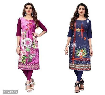 GROWMORE Women's Crepe Digital Print Straight Kurta(Pack of 2) (S, Purple  Dark Blue)-thumb0