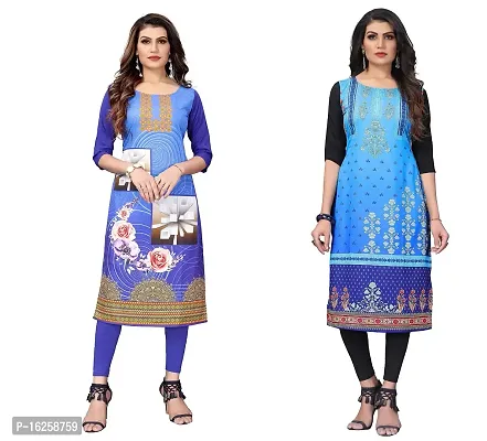 GROWMORE Women's Crepe Digital Print Straight Kurta(Pack of 2) (L, Blue  Baby Blue)