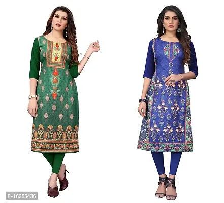 GROWMORE Women's Crepe Digital Print Straight Kurta(Pack of 2) (M, Green  Dark Blue)-thumb0