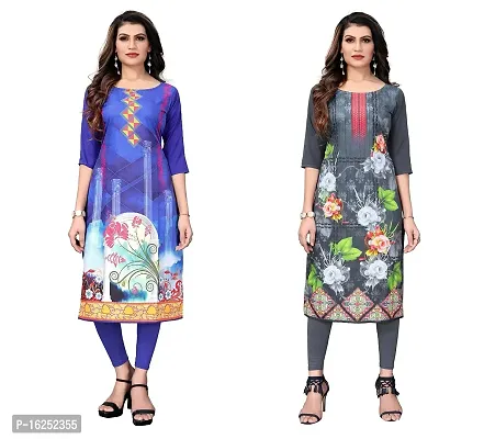 GROWMORE Women's Crepe Digital Print Straight Kurta(Pack of 2) (XXL, Blue  Light Grey)-thumb0