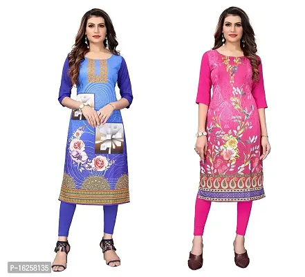 GROWMORE Women's Crepe Digital Print Straight Kurta(Pack of 2) (XXL, Blue  HOT Pink)-thumb0