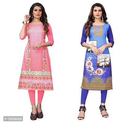 GROWMORE Women's Crepe Digital Print Straight Kurta(Pack of 2) (XXL, Peach  Royal Blue)