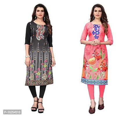 GROWMORE Women's Crepe Digital Print Straight Kurta(Pack of 2) (S, Black  Peach)-thumb0