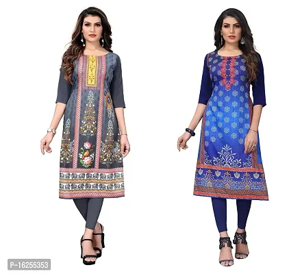 GROWMORE Women's Crepe Digital Print Straight Kurta(Pack of 2) (L, Grey  Navy Blue)