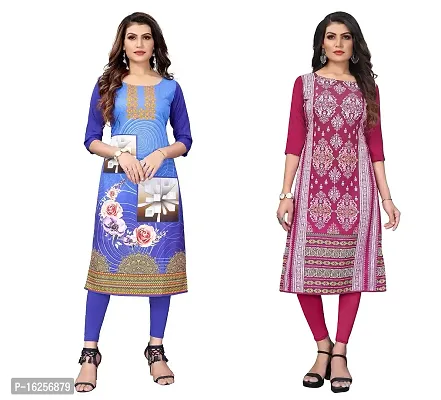 GROWMORE Women's Crepe Digital Print Straight Kurta(Pack of 2) (M, Blue  DEEP Pink)-thumb0