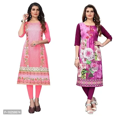 GROWMORE Women's Crepe Digital Print Straight Kurta(Pack of 2) (S, Peach  Purple)