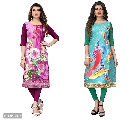 GROWMORE Women's Crepe Digital Print Straight Kurta(Pack of 2) (XL, Purple  Spring Green)-thumb0