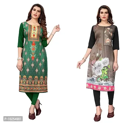 GROWMORE Women's Crepe Digital Print Straight Kurta(Pack of 2) (S, Green  White Black)