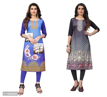 GROWMORE Women's Crepe Digital Print Straight Kurta(Pack of 2) (XL, Blue  Silver Black)-thumb0