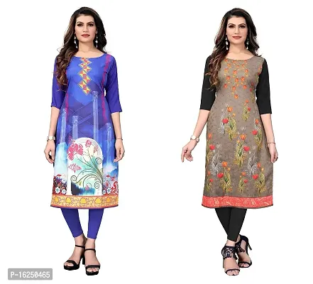 GROWMORE Women's Crepe Digital Print Straight Kurta(Pack of 2) (M, Blue  Saddle Brown)