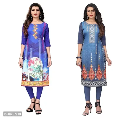 GROWMORE Women's Crepe Digital Print Straight Kurta(Pack of 2) (M, Blue  Blue Grey)-thumb0