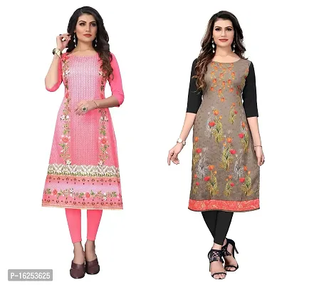 GROWMORE Women's Crepe Digital Print Straight Kurta(Pack of 2) (XL, Peach  Saddle Brown)-thumb0