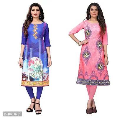 GROWMORE Women's Crepe Digital Print Straight Kurta(Pack of 2) (XXL, Blue  Tomato Pink)-thumb0