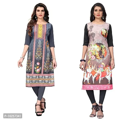 GROWMORE Women's Crepe Digital Print Straight Kurta(Pack of 2) (XL, Grey  Cream)