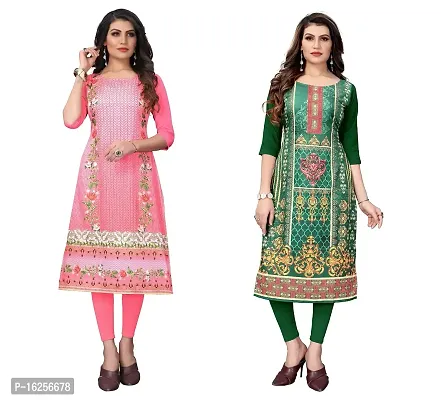 GROWMORE Women's Crepe Digital Print Straight Kurta(Pack of 2) (M, Peach  Forest Green)-thumb0