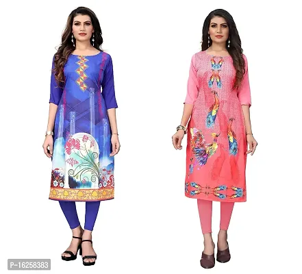 GROWMORE Women's Crepe Digital Print Straight Kurta(Pack of 2) (M, Blue  Rose Pink)