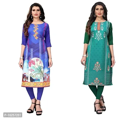 GROWMORE Women's Crepe Digital Print Straight Kurta(Pack of 2) (M, Blue  SEA Green)