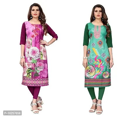 GROWMORE Women's Crepe Digital Print Straight Kurta(Pack of 2) (S, Purple  Dark Green)-thumb0