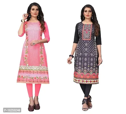 GROWMORE Women's Crepe Digital Print Straight Kurta(Pack of 2) (XL, Peach  RED Black)-thumb0