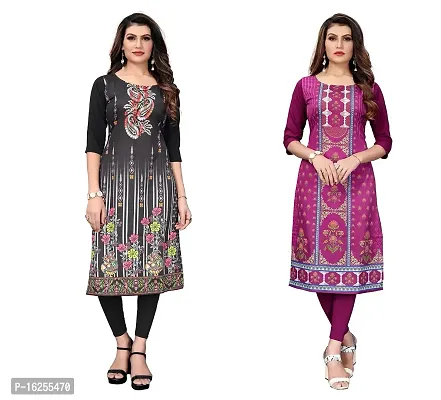 GROWMORE Women's Crepe Digital Print Straight Kurta(Pack of 2) (S, Black  Dark Purple)-thumb0