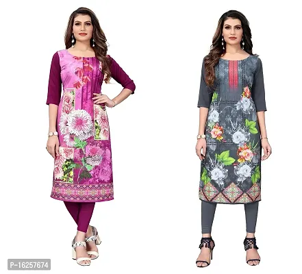 GROWMORE Women's Crepe Digital Print Straight Kurta(Pack of 2) (S, Purple  Light Grey)-thumb0