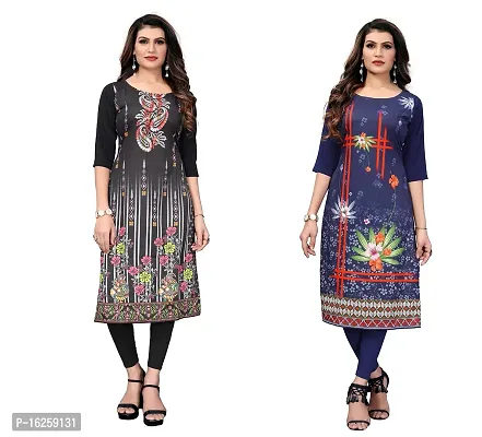 GROWMORE Women's Crepe Digital Print Straight Kurta(Pack of 2) (M, Black  Dark Blue)-thumb0