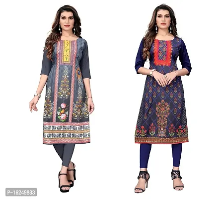 GROWMORE Women's Crepe Digital Print Straight Kurta(Pack of 2) (XL, Grey  Indigo Blue)-thumb0