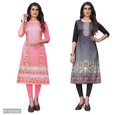 GROWMORE Women's Crepe Digital Print Straight Kurta(Pack of 2) (M, Peach  Silver Black)