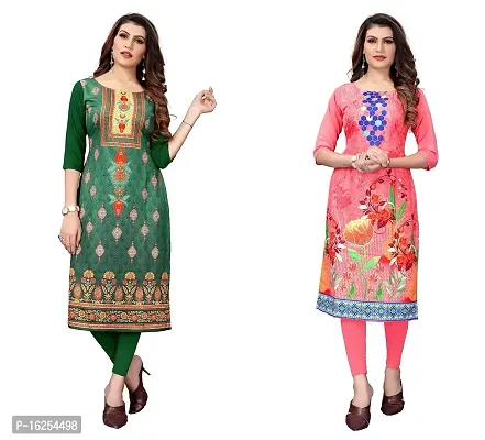 GROWMORE Women's Crepe Digital Print Straight Kurta(Pack of 2) (XL, Green  Peach)-thumb0