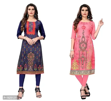 GROWMORE Women's Crepe Digital Print Straight Kurta(Pack of 2) (S, Dark Blue Coral Pink)