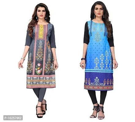 GROWMORE Women's Crepe Digital Print Straight Kurta(Pack of 2) (L, Grey  Baby Blue)