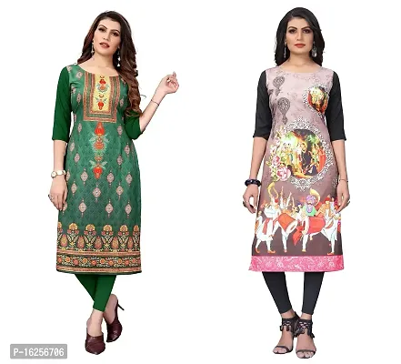 GROWMORE Women's Crepe Digital Print Straight Kurta(Pack of 2) (M, Green  Cream)-thumb0