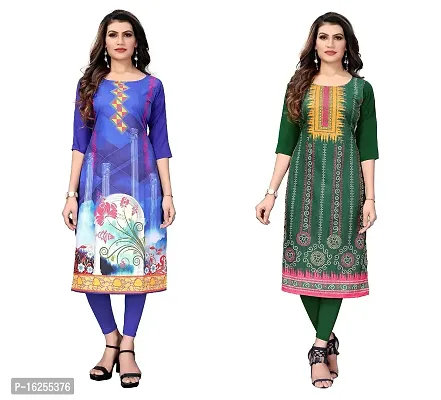 GROWMORE Women's Crepe Digital Print Straight Kurta(Pack of 2) (L, Blue  Light Green)