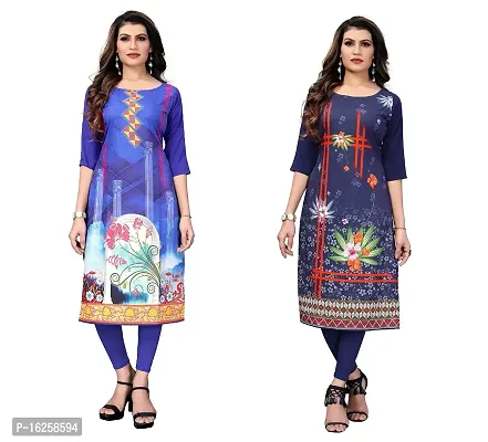 GROWMORE Women's Crepe Digital Print Straight Kurta(Pack of 2) (XXL, Blue  Dark Blue)