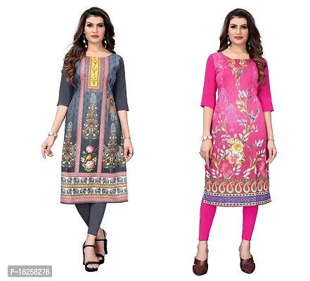 GROWMORE Women's Crepe Digital Print Straight Kurta(Pack of 2) (XL, Grey  HOT Pink)-thumb0