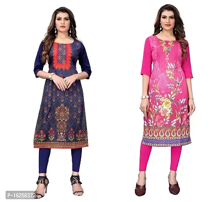 GROWMORE Women's Crepe Digital Print Straight Kurta(Pack of 2) (XXL, Dark Blue HOT Pink)