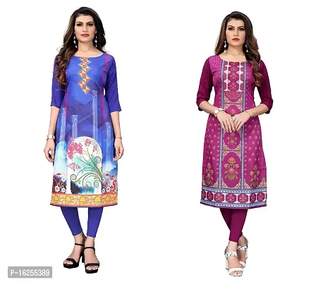 GROWMORE Women's Crepe Digital Print Straight Kurta(Pack of 2) (S, Blue  Dark Purple)