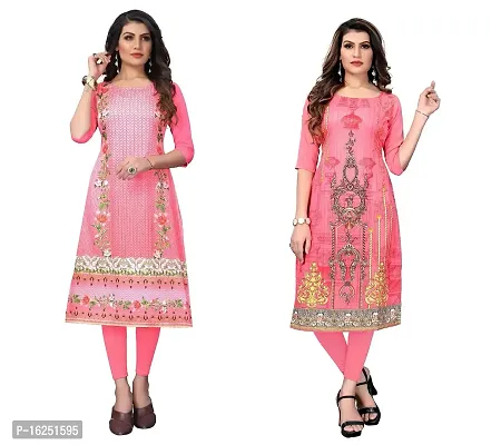 GROWMORE Women's Crepe Digital Print Straight Kurta(Pack of 2) (M, Peach  Coral Pink)-thumb0