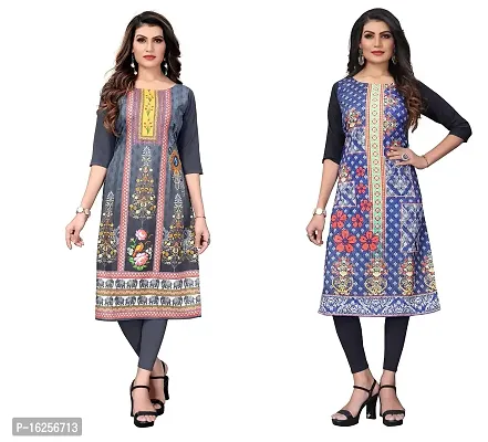 GROWMORE Women's Crepe Digital Print Straight Kurta(Pack of 2) (XL, Grey  Stee Blue)-thumb0