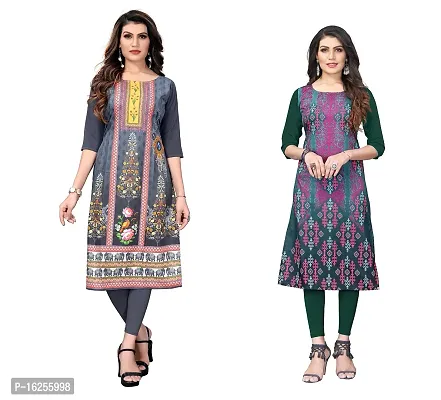 GROWMORE Women's Crepe Digital Print Straight Kurta(Pack of 2) (S, Grey  Olive Green)-thumb0