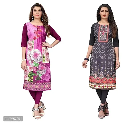 GROWMORE Women's Crepe Digital Print Straight Kurta(Pack of 2) (XXL, Purple  RED Black)-thumb0