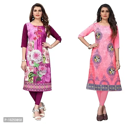 GROWMORE Women's Crepe Digital Print Straight Kurta(Pack of 2) (M, Purple  Tomato Pink)-thumb0