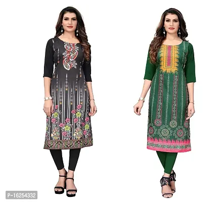 GROWMORE Women's Crepe Digital Print Straight Kurta(Pack of 2) (XL, Black  Light Green)-thumb0