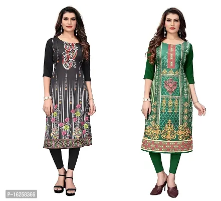 GROWMORE Women's Crepe Digital Print Straight Kurta(Pack of 2) (XL, Black  Forest Green)